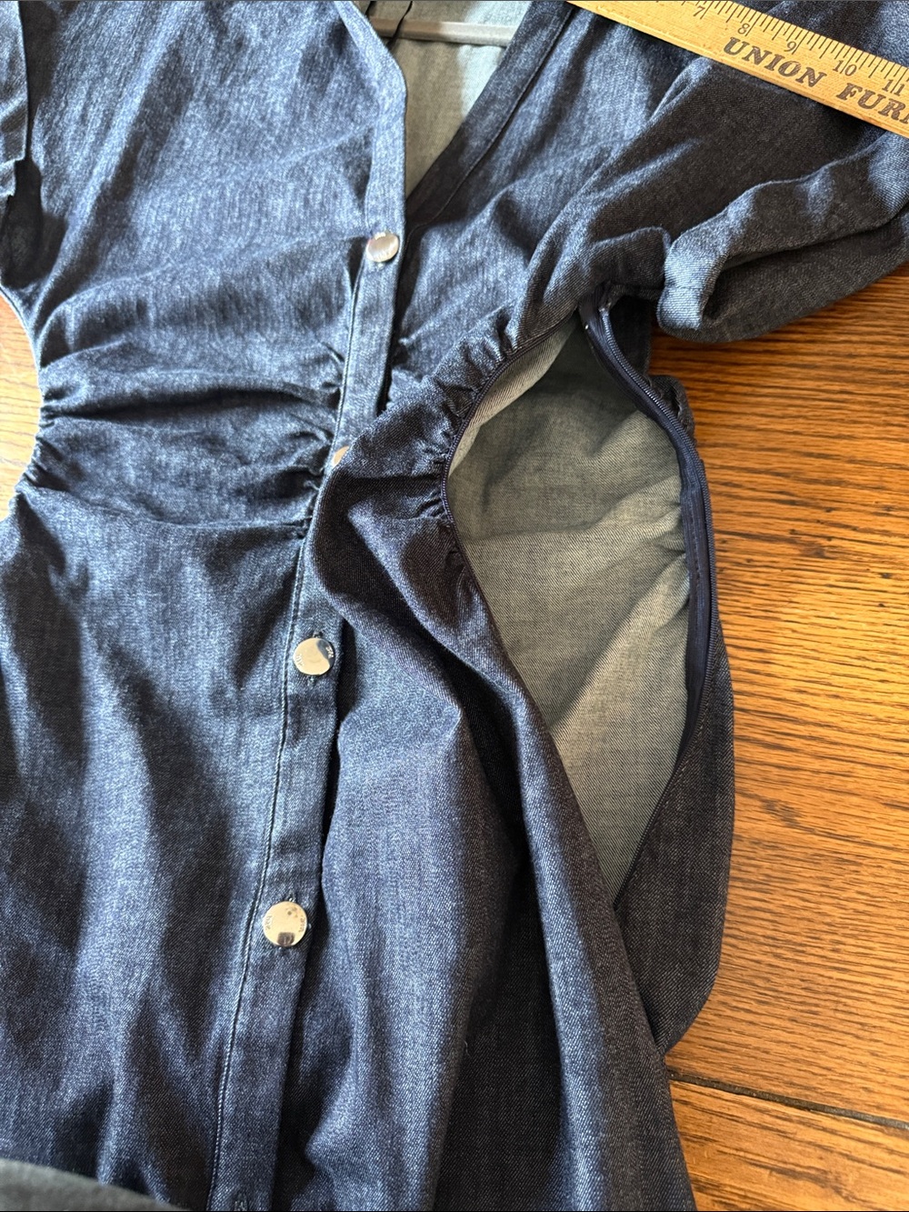 Zara Denim Maxi Dress Ruched Cinched Waist Snap Front Dolman Sleeve - Picture 7 of 11